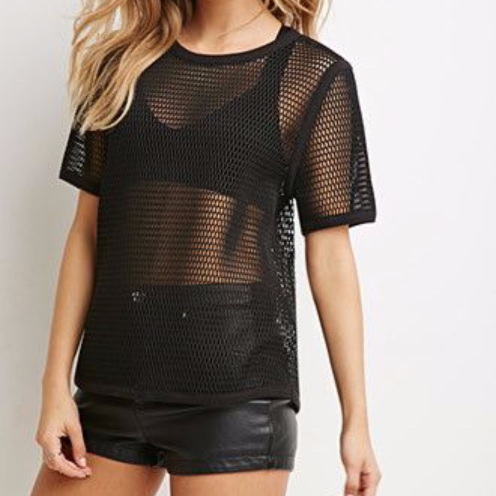Forever 21 Boxy Open Mesh Black Top